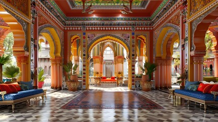 Obraz premium A vibrant and intricately designed interior of a traditional Indian palace, showcasing colorful arches, ornate decorations, and a harmonious blend of cultural elements. 