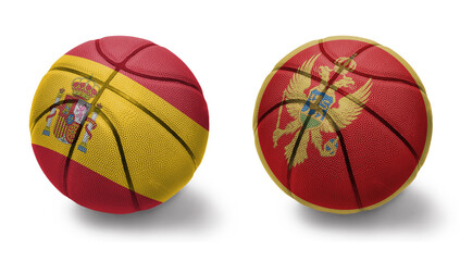 basketball balls with the national flags of montenegro and spain on the white background.