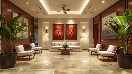 A stylish and contemporary hotel lobby featuring elegant seating, artistic wall decor, and lush indoor plants, creating a welcoming atmosphere. 