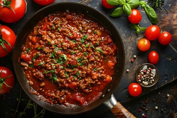 Savory Beef Tomato Sauce in a Pan Surrounded by Fresh Ingredients