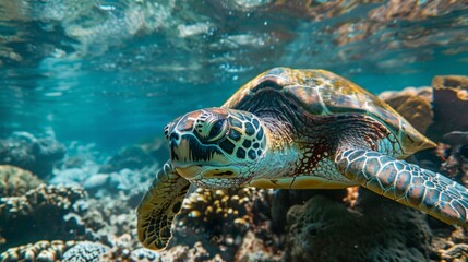 Fototapeta premium A sea turtle glides gracefully through a vibrant coral reef, surrounded by colorful marine life and clear blue water