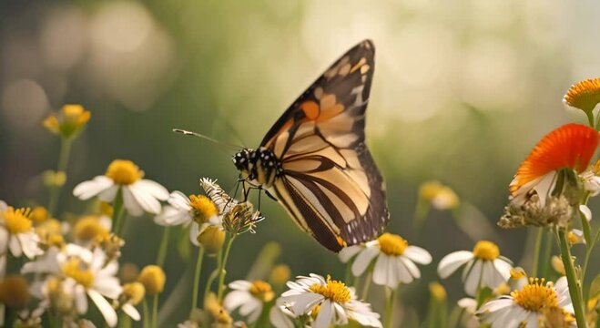 Butterflies and beetle on flowers frame 4k animation