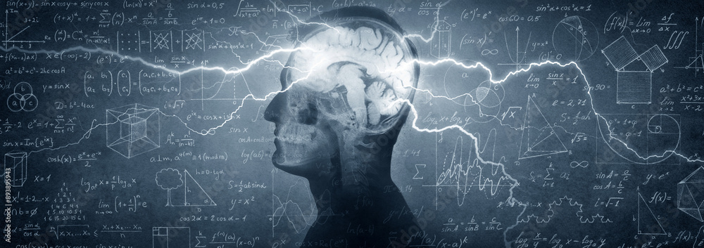 Wall mural brainstorm. the head of a scientist and lightning strikes as a symbol of the work of the brain again