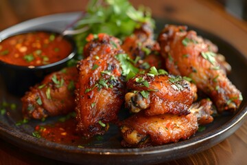 Fototapeta premium Deliciously Crispy Chicken Wings with Spicy Dipping Sauce
