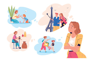 Past memories. Female positive memory important life remember, happy woman experience dream nostalgia moment scene in head lady personality psychology vector illustration