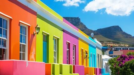 Fototapeta premium An array of brightly colored houses with a striking mountain backdrop in a lively neighborhood that exemplifies cultural heritage and vibrant community spirit.