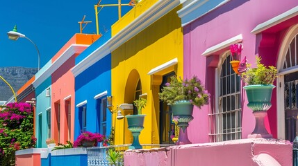 Obraz premium Traditional homes painted in vivid colors adorned with floral decorations, capturing the essence of a vibrant community and the rich cultural heritage of the area.