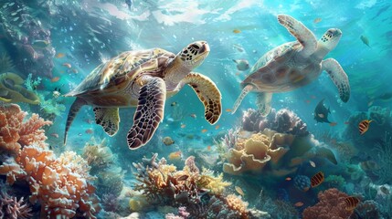 marine life ecosystem, serenely swimming among vibrant corals, sea turtles grace the tropical reef creating a tranquil underwater paradise