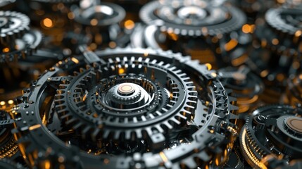 A close-up view of a complex machine with intricate, interlocking gears. The gears are made of metal and have a dark, metallic finish
