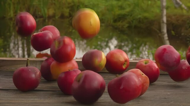 Lots of the ripe delicious red apples falling down outdoors on the background of the lake in slow motion. High quality 4k footage
