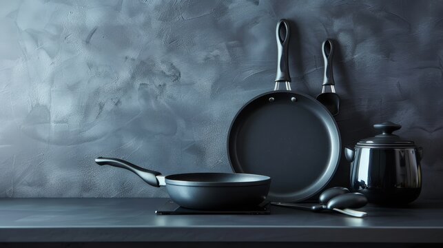 A trio of black frying pans and a black kettle, arranged on a grey background, represent culinary tools, cooking, and kitchen organization. - A trio of black frying pans and a black kettle, arranged o - Powered by Adobe