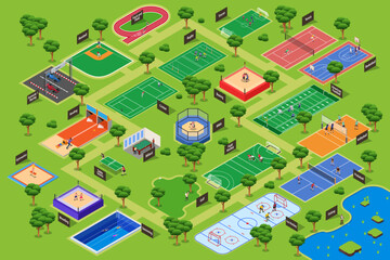 Isometric Different Sport Courts Map in a Park Vector Illustration