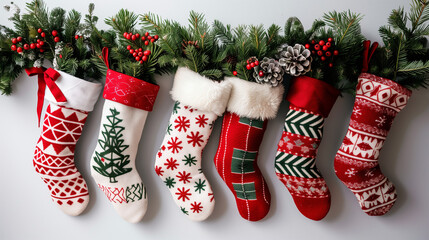 Stockings brimming with gifts, capturing the essence of holiday traditions and the cozy spirit of Christmas and New Year.
