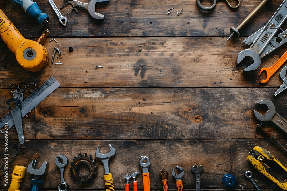 Wall mural A Well-Organized Array of Tools on a Rustic Wooden Workbench