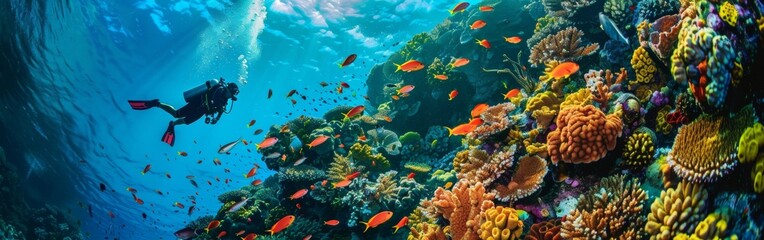 Obraz premium A scuba diver explores a vibrant coral reef teeming with colorful fish and marine life, showcasing the beauty of underwater biodiversity. wide web banner