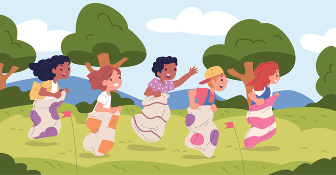 Kid sack race. Children competition jump in sacks, summer outdoor fun game happy young jumping boys and girls play outside indonesian independence day, classy vector illustration