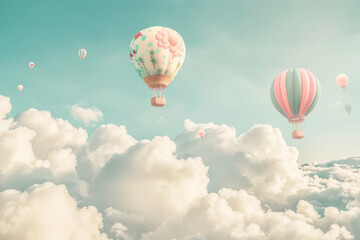 Fototapeta premium Hot air balloons lazily float above a sea of fluffy clouds, basking in warm sunlight and creating a picturesque and serene travel scene.