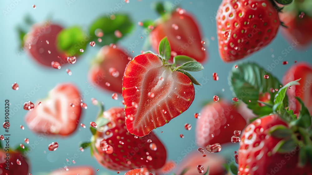 Aufkleber strawberry with half slices falling or floating in the air with green leaves isolated on background,