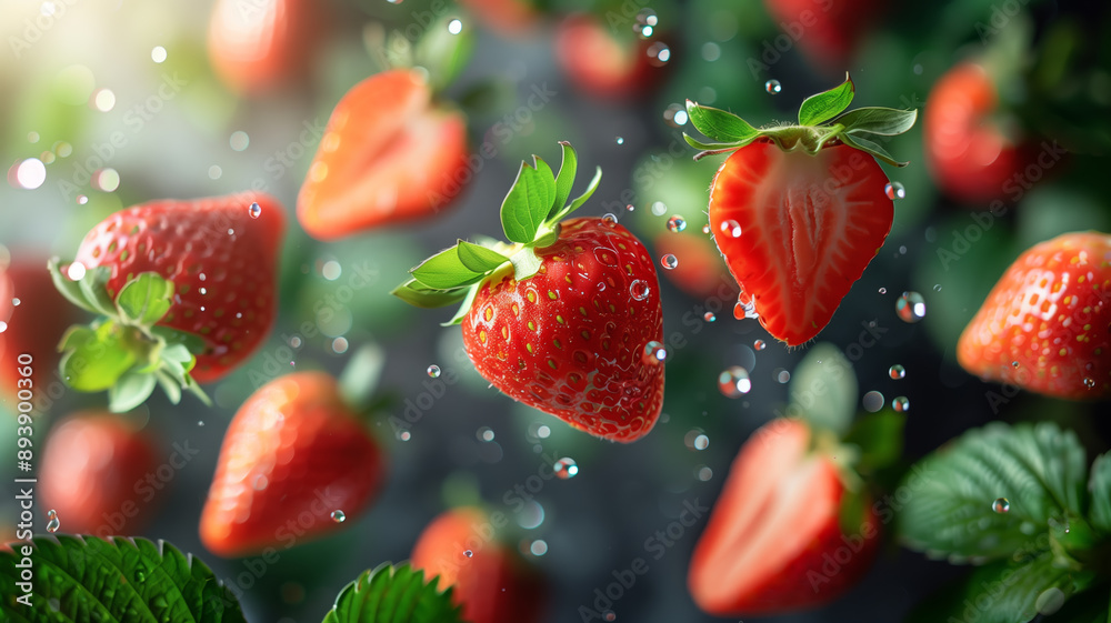 Aufkleber strawberry with half slices falling or floating in the air with green leaves isolated on background,