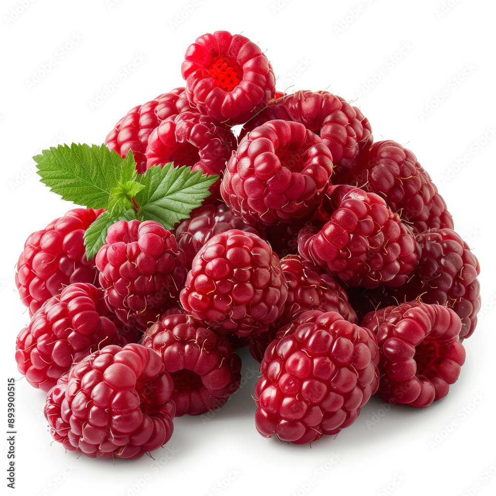 Poster a bunch of red raspberries with green leaves. the raspberries are fresh and ripe, and the leaves add