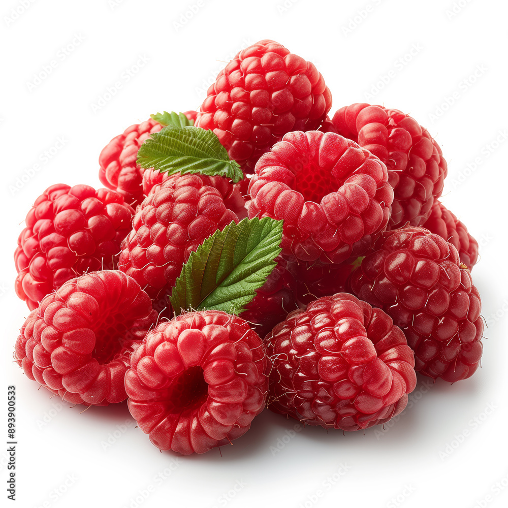 Poster a bunch of red raspberries with green leaves. the raspberries are fresh and ripe, and the leaves add