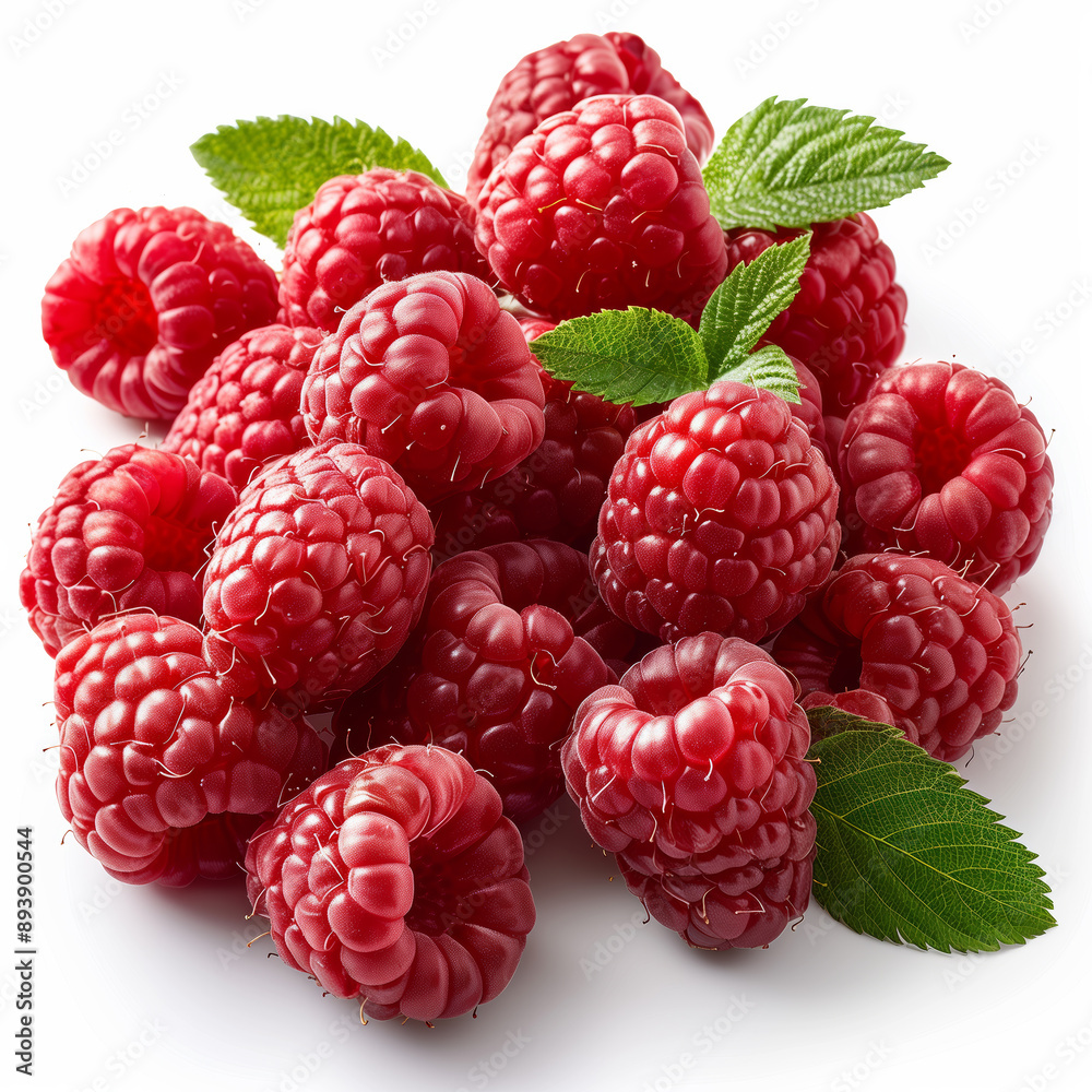 Poster a bunch of red raspberries with green leaves. the raspberries are fresh and ripe, and the leaves add