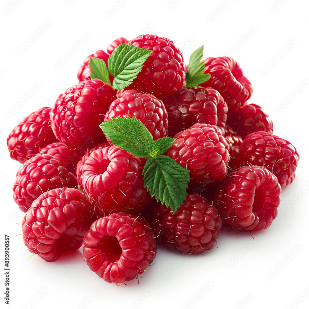 Poster a bunch of red raspberries with green leaves. the raspberries are fresh and ripe, and the leaves add