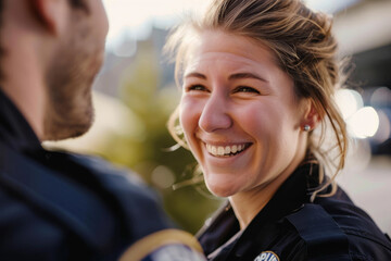 A cheerful police officer sharing a warm smile with a colleague during the daytime, radiating camaraderie and happiness.