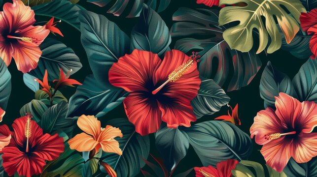 This tropical floral pattern showcases vibrant red hibiscus flowers amidst lush green foliage, creating a captivating and exotic aesthetic. The intricate details and rich colors evoke a sense of parad