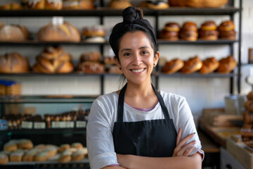 A cheerful baker wearing an apron stands with arms crossed, smiling confidently inside a bakery with shelves full of fresh, assorted bread behind her.