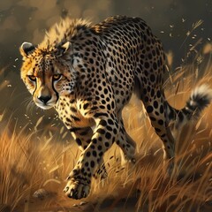 Naklejka premium A cheetah prowling through the dry grassland at dusk, capturing the animal's intense focus and predatory grace. The golden light enhances the dramatic scene.