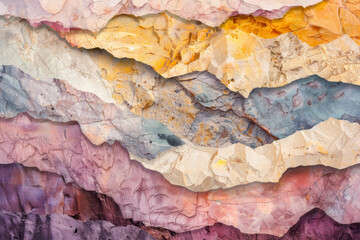Abstract layered rock formations displaying vibrant colors and textures, resembling a natural art piece.