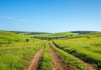 Obraz premium green grassy field with dirt roads and hills in the background