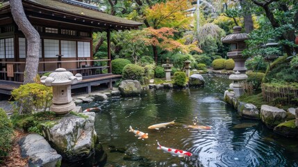 Naklejka premium A peaceful Japanese garden features a koi pond with several colorful fish swimming through the water. Stone lanterns and lush greenery create a serene atmosphere