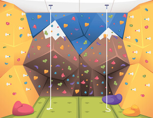 Indoor climbing park. Child bouldering gym with rock climbing cliff wall grips mats and ropes, kids sport climb workout game area playground cartoon room classy vector illustration © ssstocker