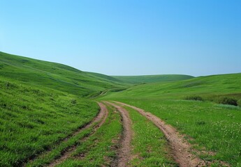 green grassy field with dirt roads and hills in the background