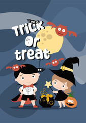 Happy Halloween cards with girl andboy in carnival costume for halloween party. Vector illustration with Halloween kids dracula and witch