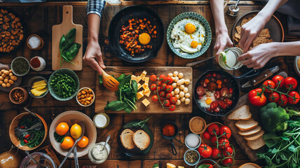 Morning cooking breakfast before work view from above, A table full of food with a variety of dishes including eggs, tomatoes, and bread. The table is set for a meal with multiple people present