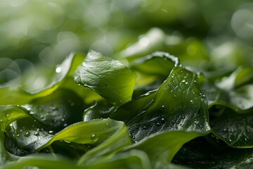 Lush Green Seaweed with Dew Drops in a Natural Setting