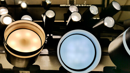 Close-up of glowing light bulbs in the lighting equipment department