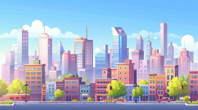 An animated cartoonish cityscape featuring colorful high-rise buildings, lush greenery, and a clear sky, creating a vibrant, cheerful, and idyllic urban scene in a fantasy style. - Powered by Adobe