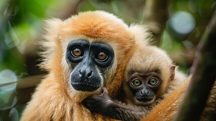 Obraz premium A baby primate with golden fur clings to its mother in a lush, green forest, expressing the bonds of family, protection, and innocence in the natural world.