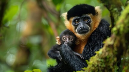 Fototapeta premium A black gibbon mother holding her tiny baby close while sitting on a tree branch in a dense forest, displaying a touching moment of love and care in the wild.