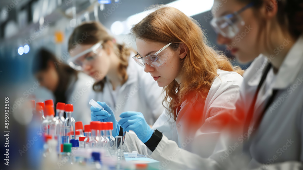 Aufkleber a group of women scientists are working in a lab. one of them is wearing a lab coat and gloves