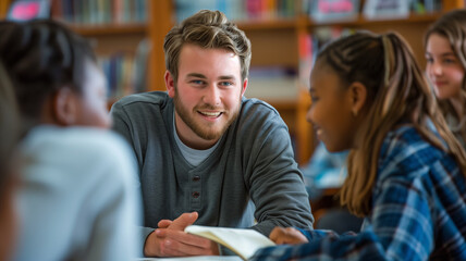 Fototapeta premium A man is smiling at a group of children in a library. The children are looking at him and smiling back. Concept of warmth and friendliness, as the man is engaging with the children in a positive