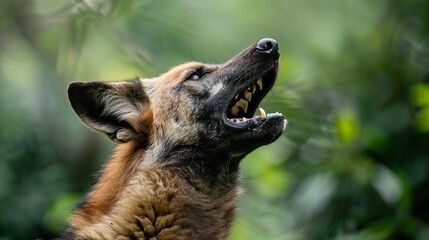An expressive moment captured as a maned wolf howls with its head lifted high in the dense forest, surrounded by vibrant green leaves, exemplifying the wild's raw beauty and energy.