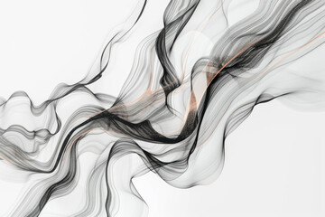Delicate black and white smoke-like patterns intertwine on a white background, creating an ethereal and flowing abstract composition.