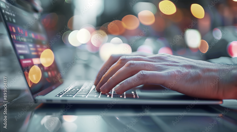 Poster a person is typing on a laptop computer. the image has a moody, somewhat dark atmosphere, with the p