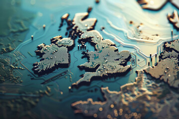 This stylized map of the UK highlights urban areas and physical topography with a blend of artistic design and geographical accuracy.