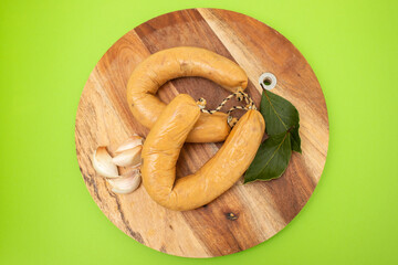 typical portuguese smoked sausage Farinheira on the wooden dish
